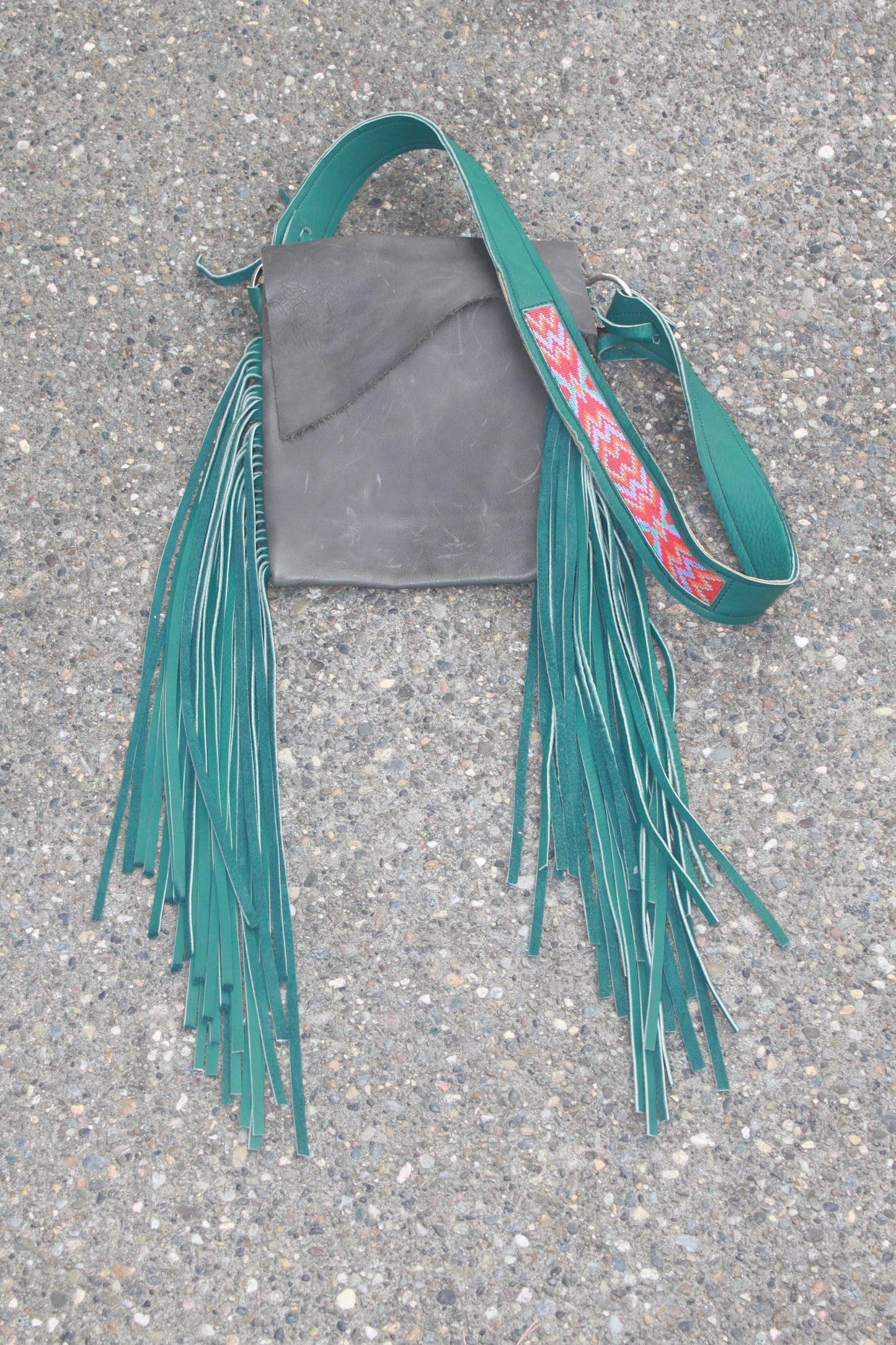 Gray with Turquoise fringe crossbody purse