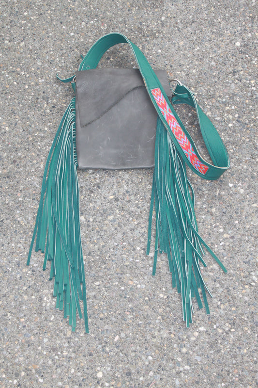 Gray with Turquoise fringe crossbody purse
