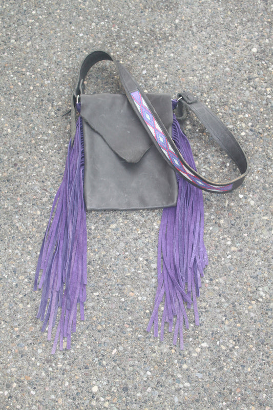 Gray leather with purple fringe
