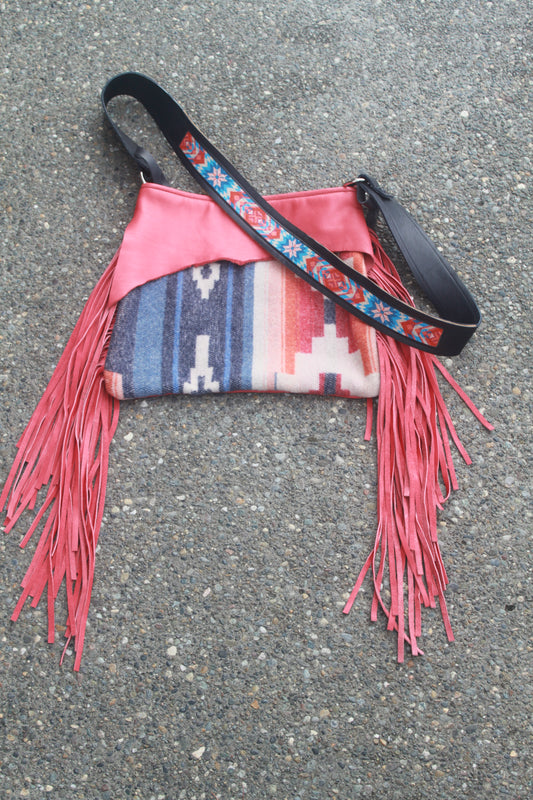 Pendelton body Pink leather fringe crossbody