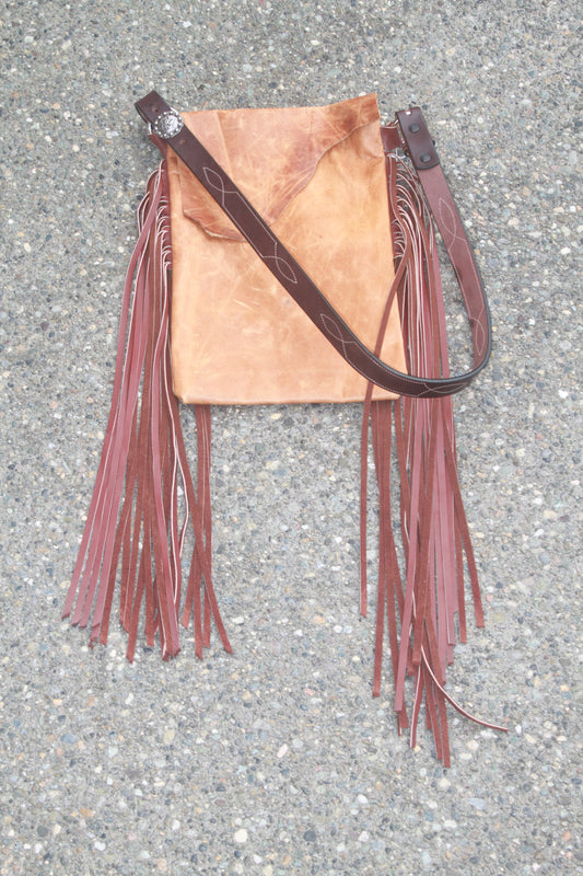 Vintage strap series, leather body with saddle tan fringe